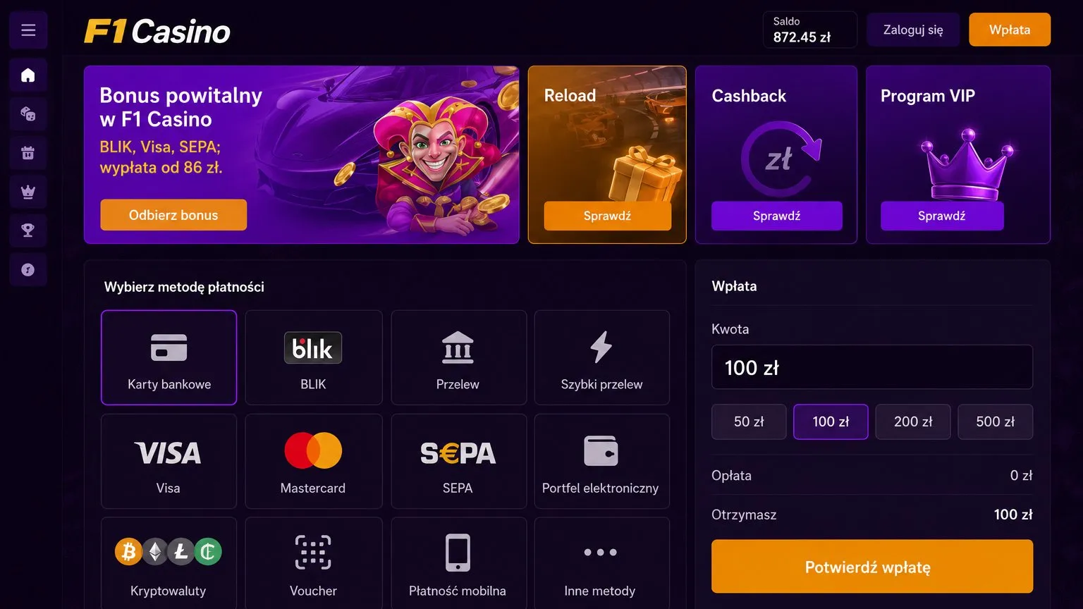 Metody płatności po F1 Casino logowanie
